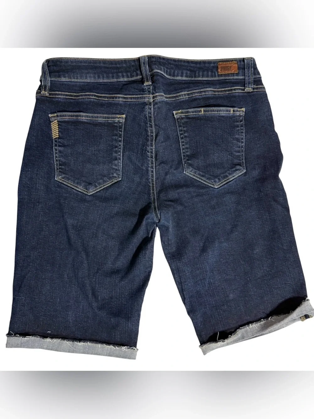 PAIGE Women’s Bermuda Denim Short Size 29 Dark Wash Stretch Cuffed Raw Hem Jorts